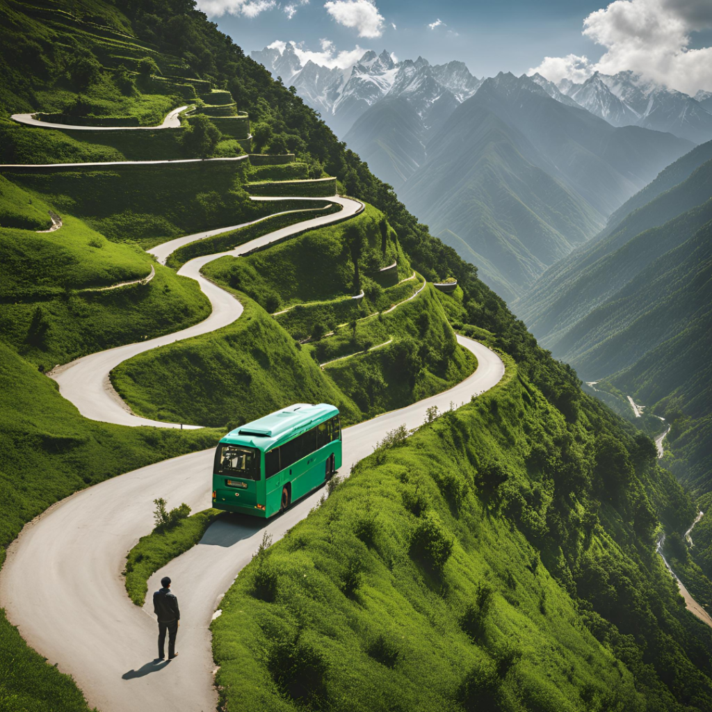 Scenic Himachal Pradesh mountains with winding roads and an HRTC bus in the distance. A person stands on a hill, symbolizing guidance and exploration